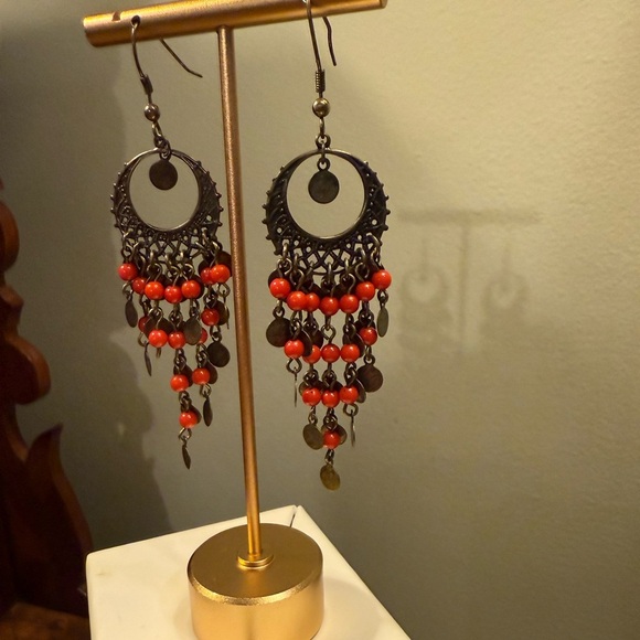 Vintage Y2K Banana Republic Bronze/Red Chandelier Earrings 3.5” drop - Picture 5 of 6